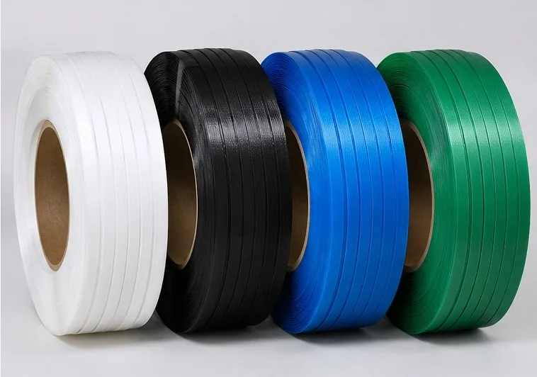 PP strapping rolls in white, black, blue and green